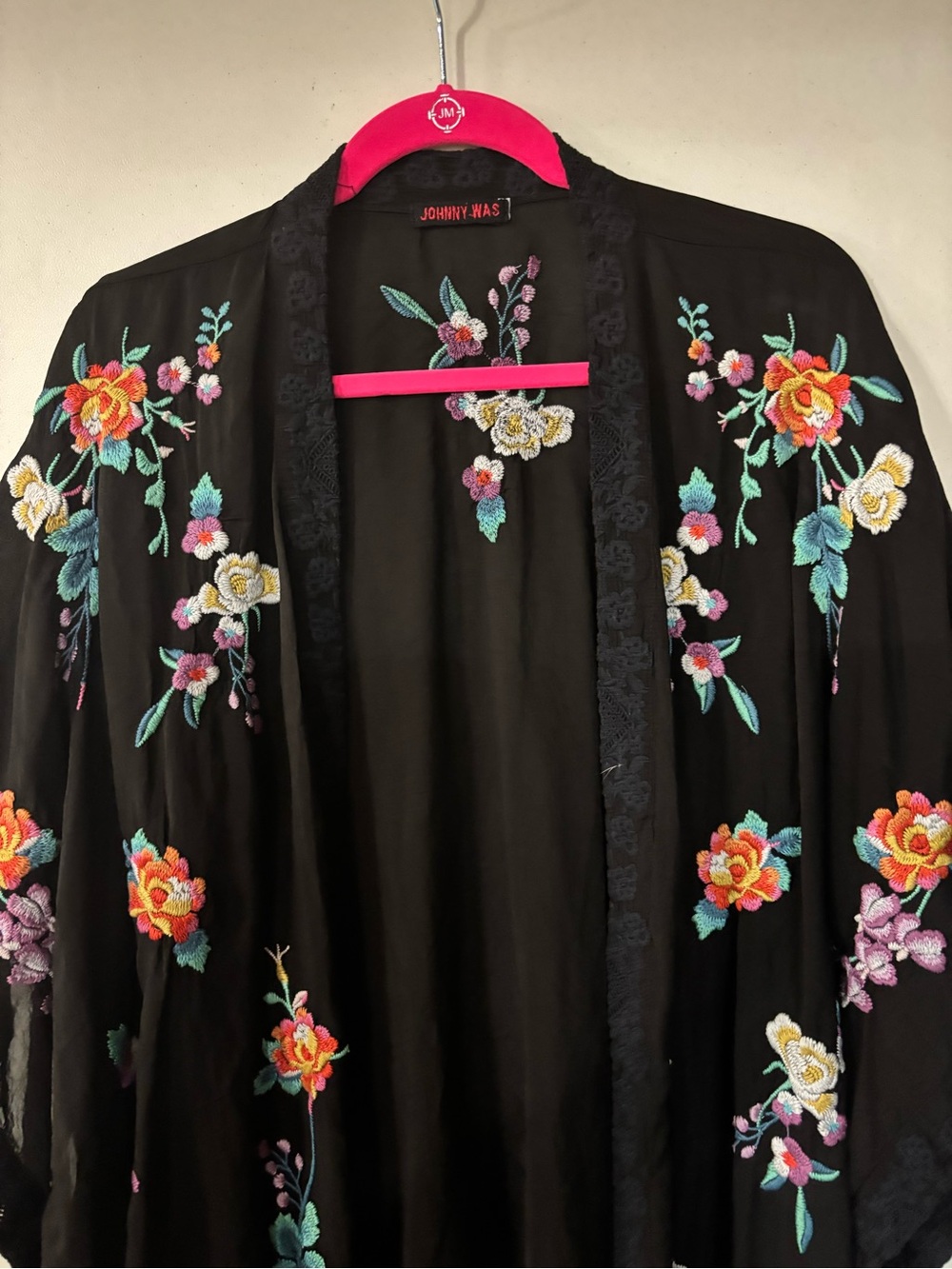 JOHNNY WAS BLACK FLORAL EMBROIDERED KIMONO JACKET ONE SZ EUC - Picture 2 of 4